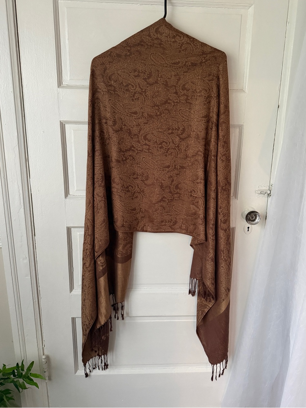 Silk Pashmina Bronze Jacquard Fringe Scarf Wrap Paisley Print Indie Festival
